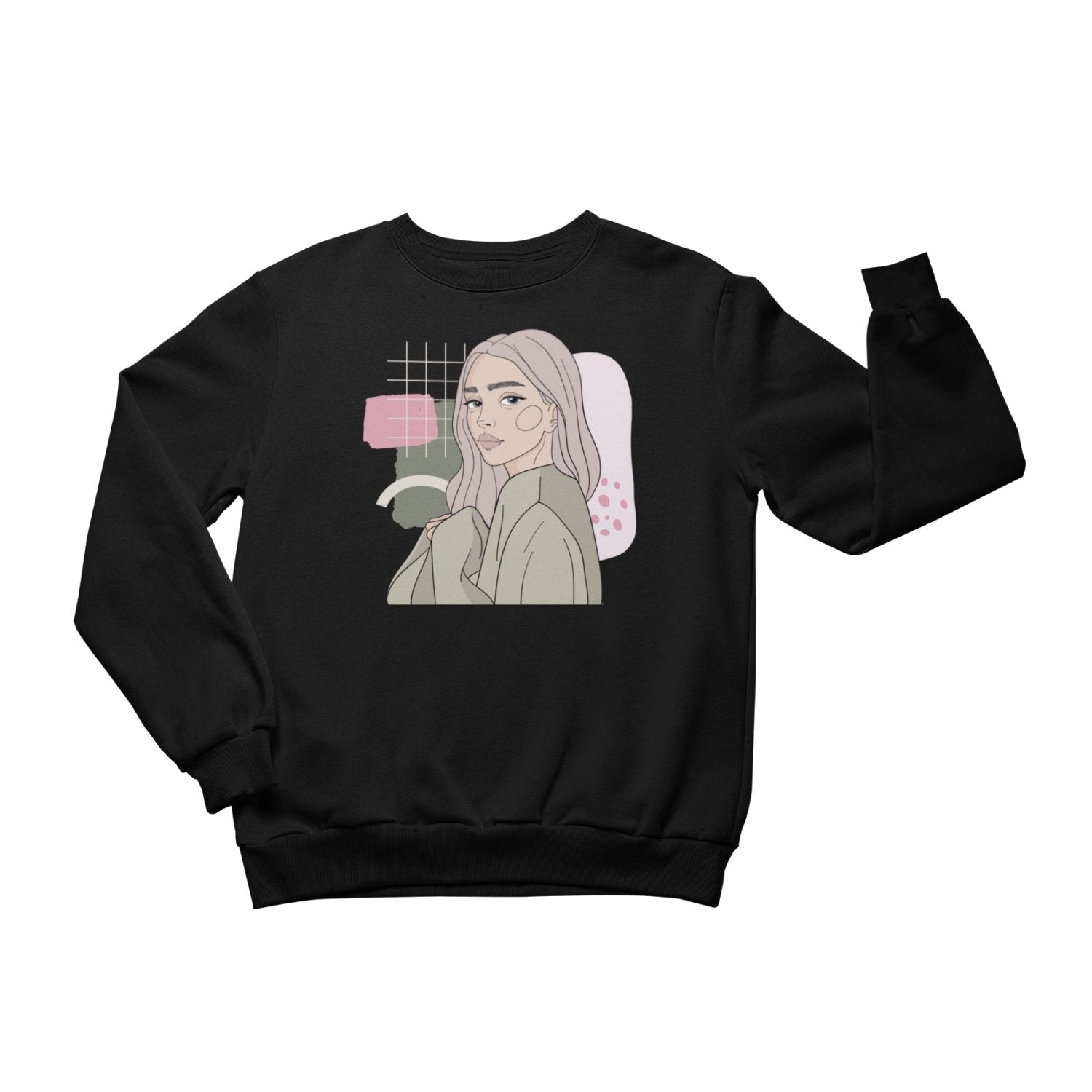 1. Unisex black crewneck sweatshirt with illustration by Getter Tiivits, featuring a playful design, studio setting