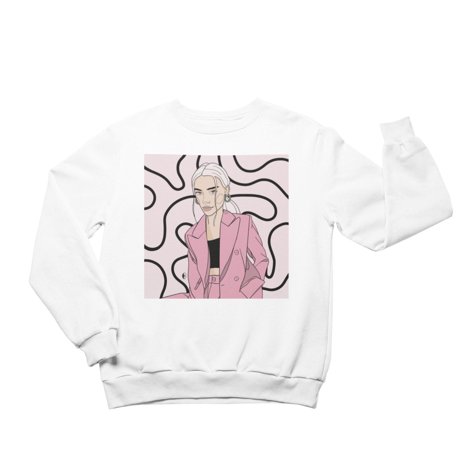 1. Unisex white crewneck sweatshirt with 'Hello Sweet Girl' illustration by Getter Tiivits, shown in studio setting