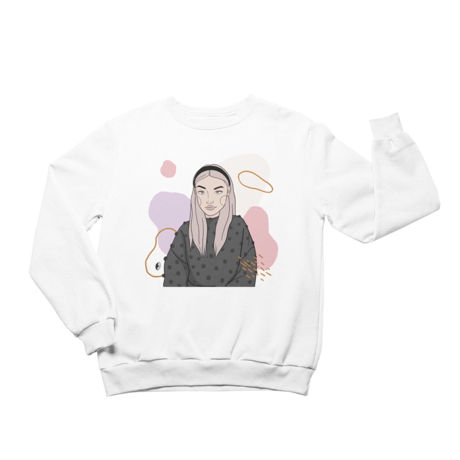 1. Unisex white crewneck sweatshirt with illustration by Getter Tiivits, featuring a female portrait, shown in studio setting