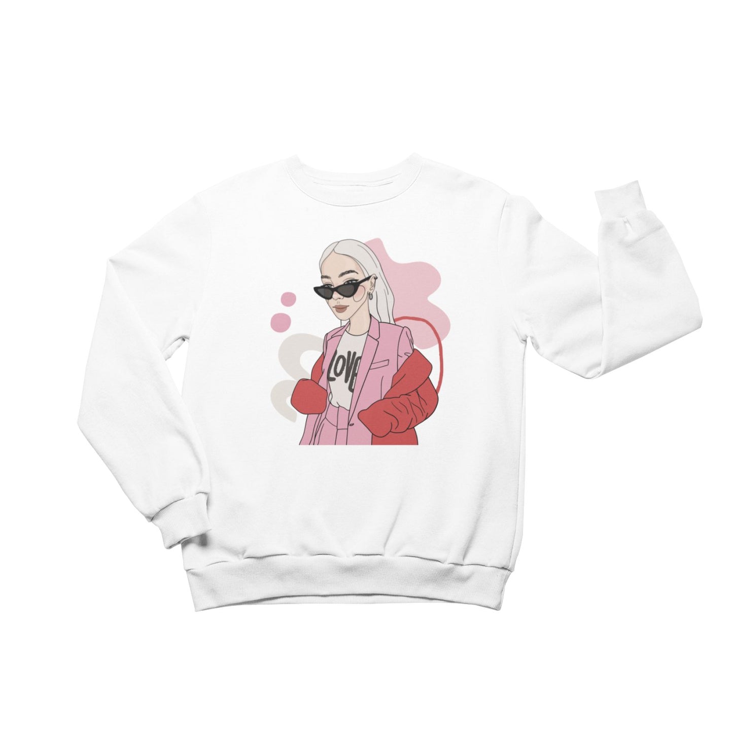 1. Unisex crewneck sweatshirt with 'Love Bites' illustration by Getter Tiivits, shown in studio setting