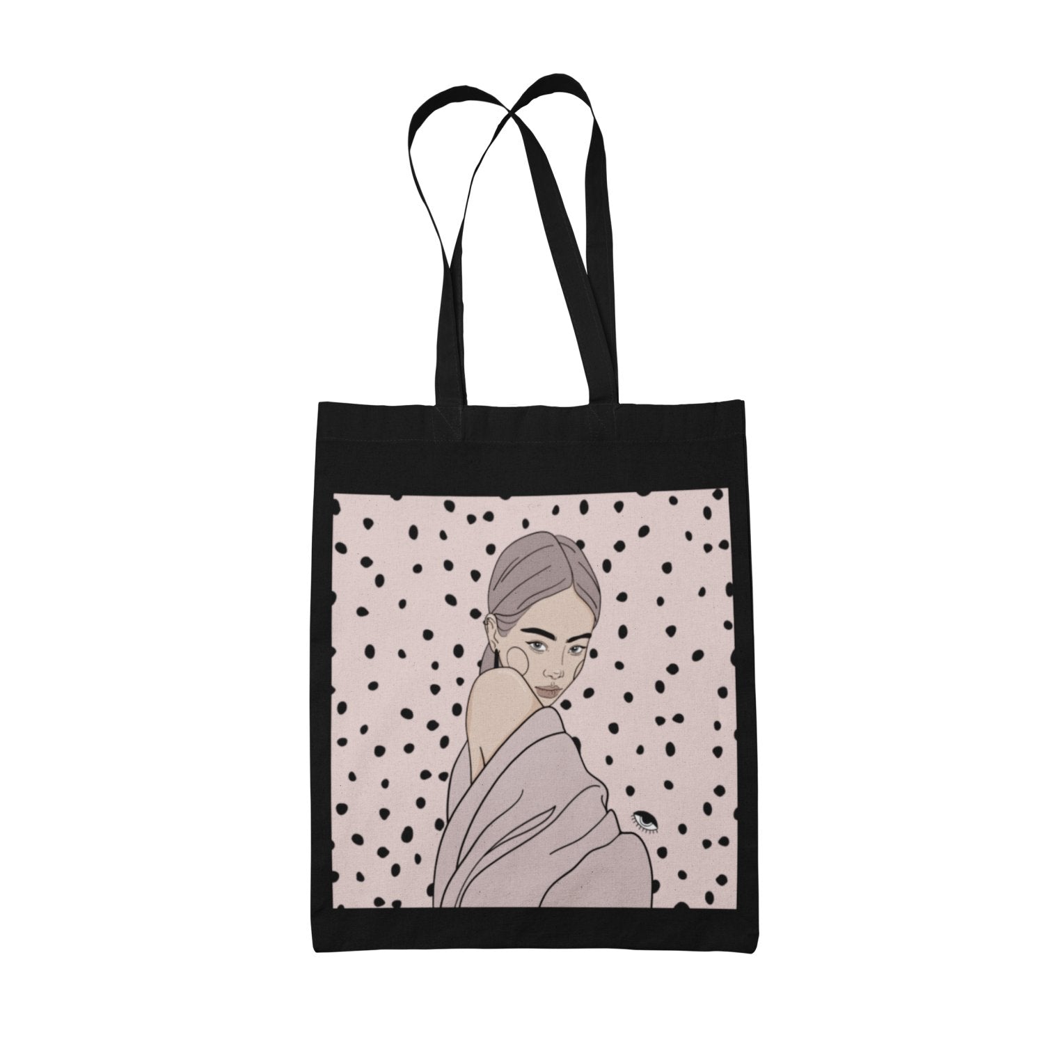 1. Black cotton tote bag featuring illustration by Getter Tiivits, shown in studio setting