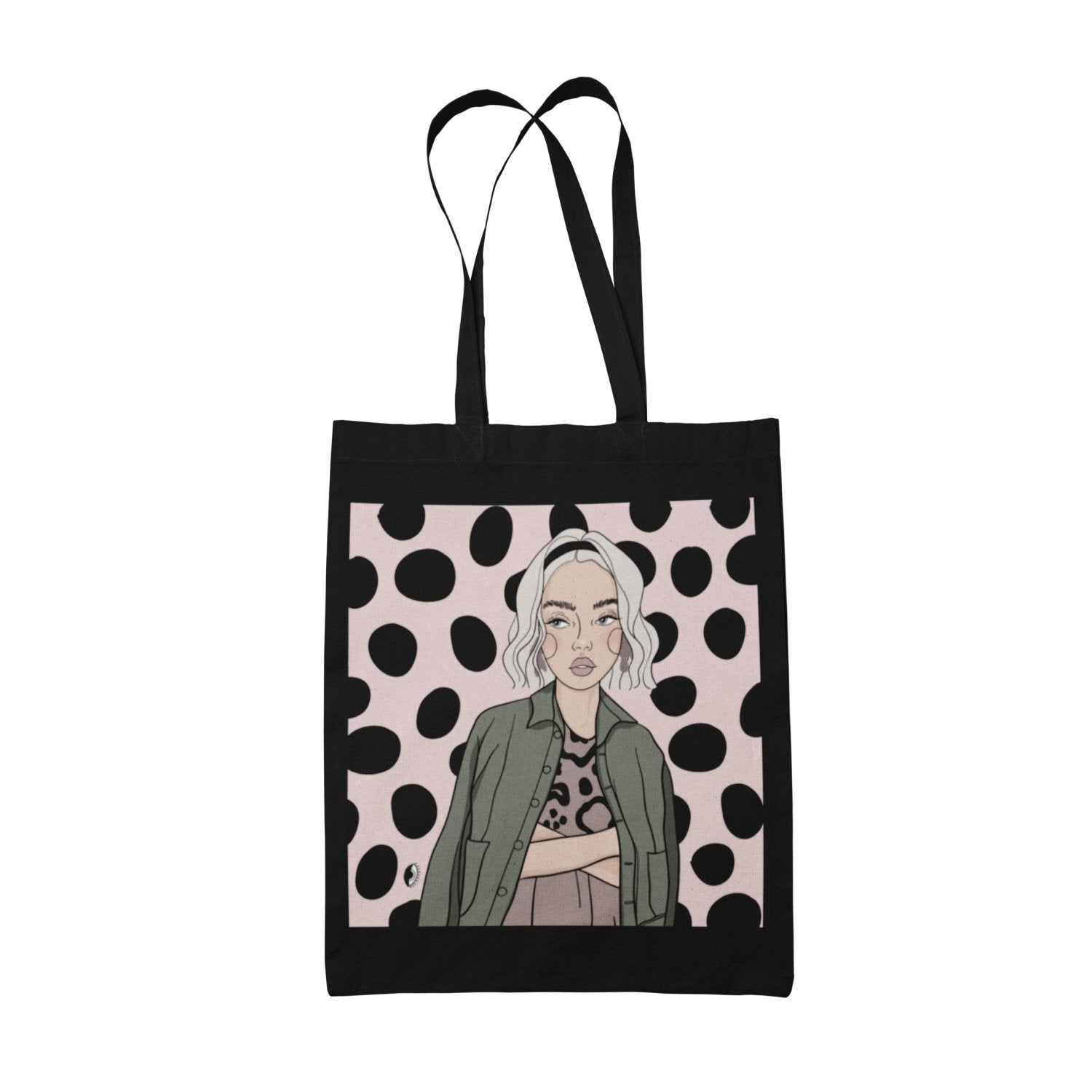 1. Black cotton tote bag featuring exclusive illustration by Getter Tiivits, with polka dot background, perfect for everyday use