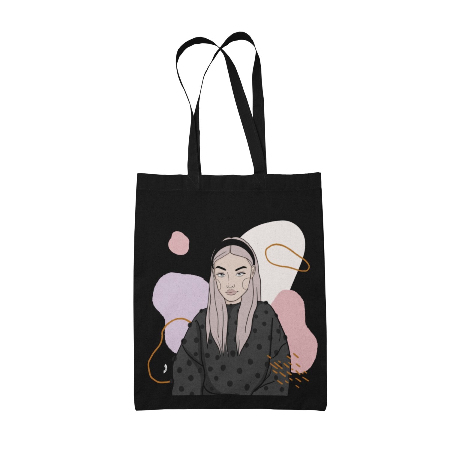 1. Black cotton tote bag with artistic illustration by Getter Tiivits, featuring a woman in a polka dot top, against a colorful abstract background