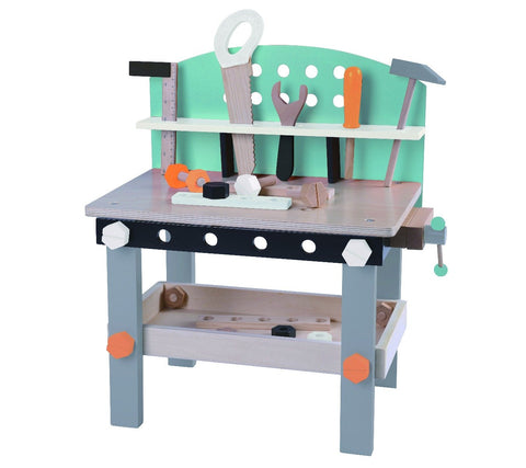 1. Children's wooden workbench by Gerardo's Toys featuring 32 pieces including tools like hammer, screwdriver, and saw, with a two-tier table design in pastel colors.