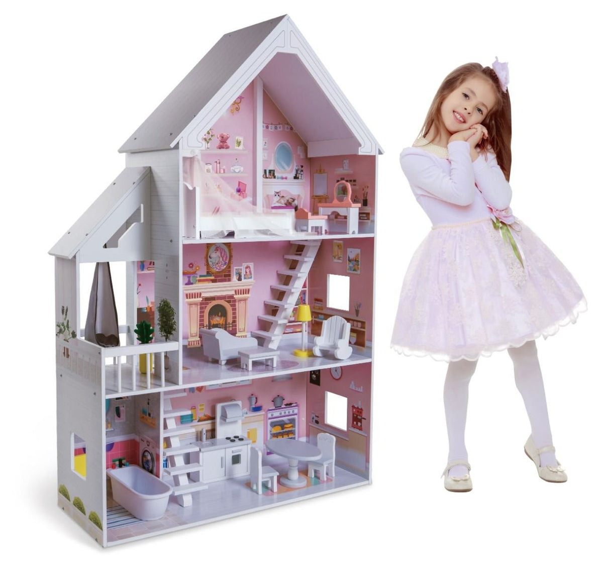 1. Young girl in white dress posing next to Gerardo's Toys wooden dollhouse with LED lights, showcasing three floors and terrace