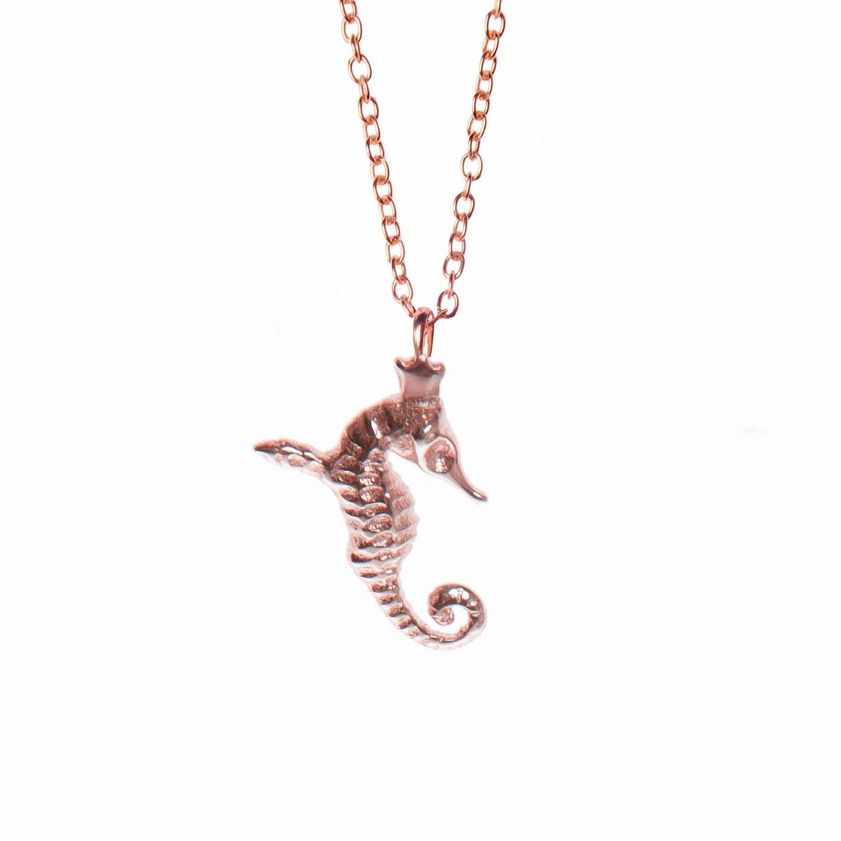 2. Rose gold plated seahorse pendant on chain, Tanel Veenre brand, shown on white background