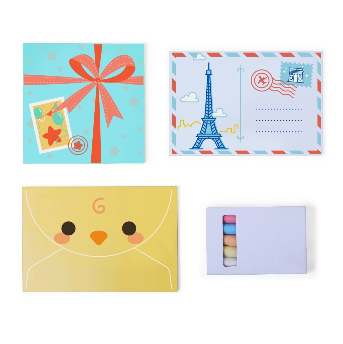 2. Set of colorful envelopes and postcards with playful designs, including Eiffel Tower and gift box, by Gerardo's Toys