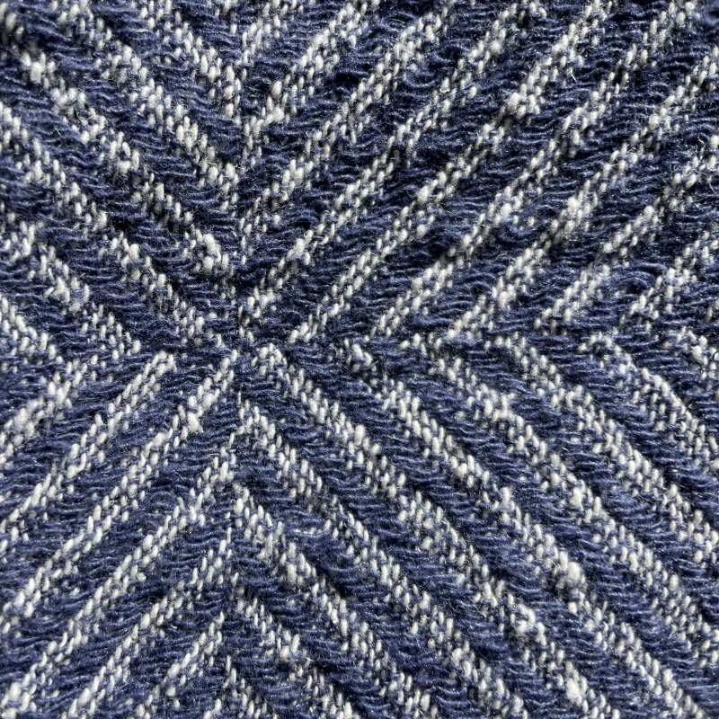 3. Close-up of blue fishbone pattern on linen fabric showing texture and weave detail