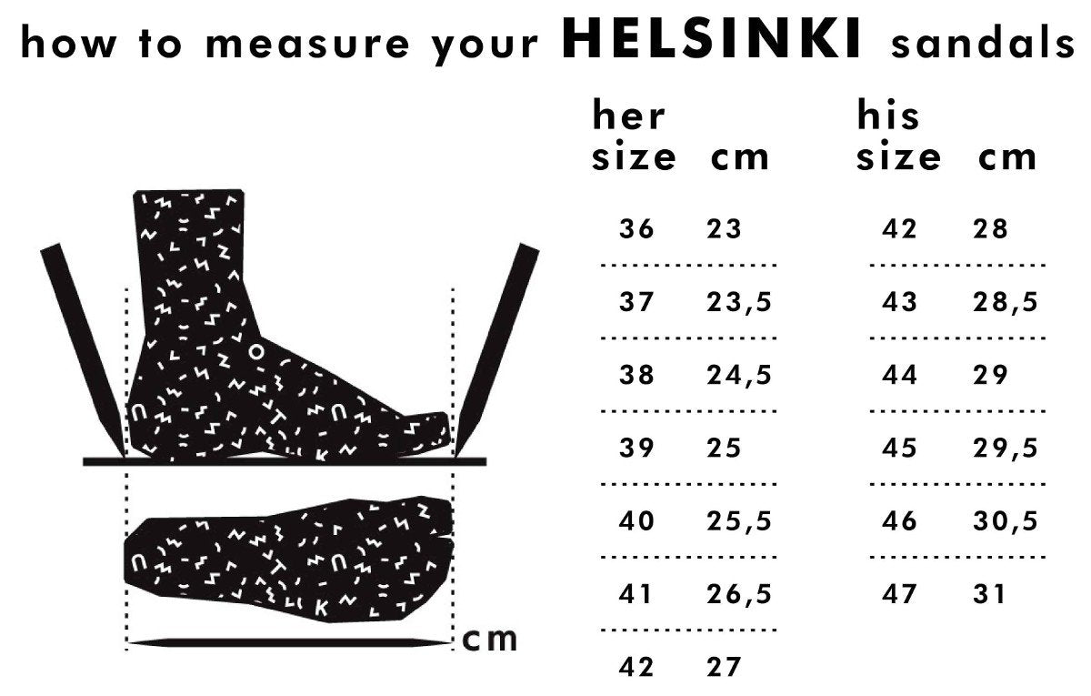 4. Size chart for Helsinki sandals, showing measurements for her sizes 36 to 42