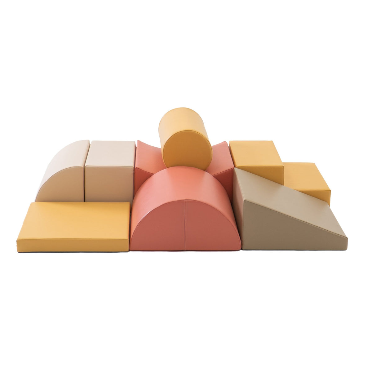 1. IGLU Adventurer pastel pink foam block set arranged in a play structure on a white background