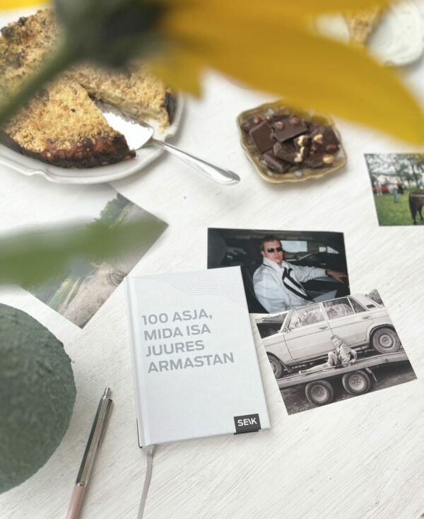 7. SEIK '100 ASJA, MIDA ISA JUURES ARMASTAN' book on table with desserts and nostalgic photos, ideal for gifting