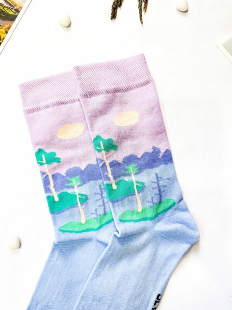2. Close-up of SEIK Estonian bog socks showcasing detailed landscape pattern