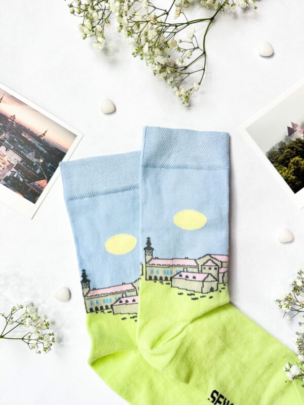 5. Close-up of SEIK Old Town Tallinn socks showing detailed cityscape pattern and vibrant colors