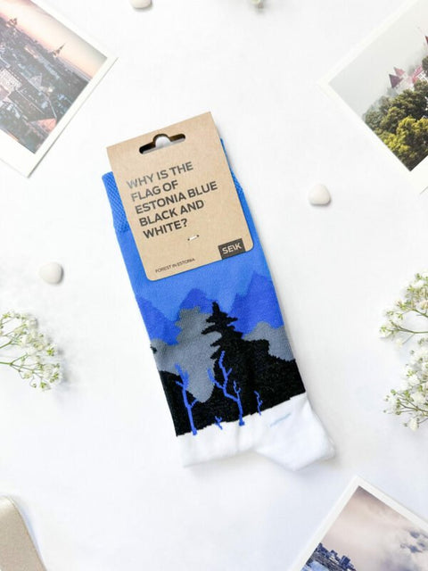 1. SEIK Blue-Black-White Forest socks with Estonian landscape design, shown in packaging