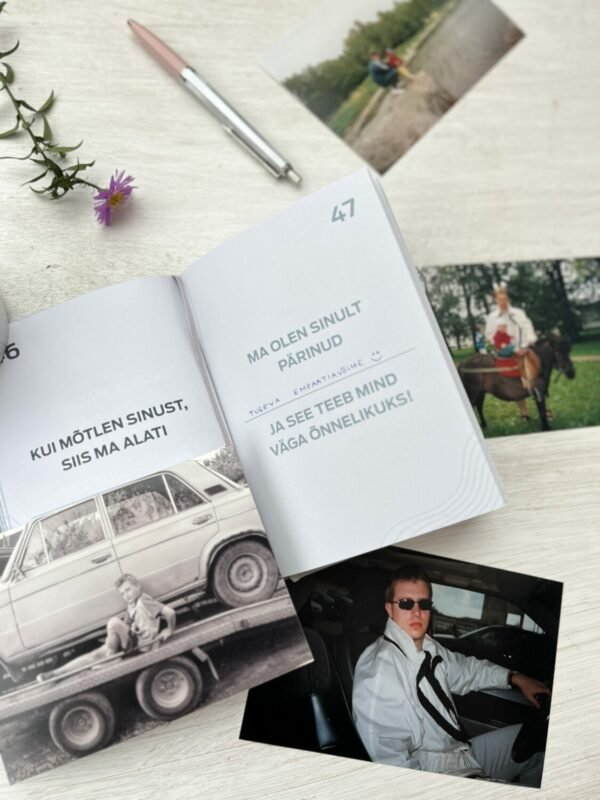 6. SEIK '100 ASJA, MIDA ISA JUURES ARMASTAN' book open with page 47, surrounded by personal photos and a pen