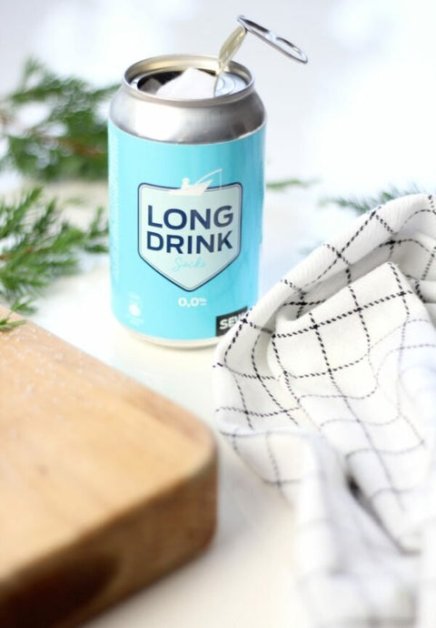 3. SEIK Long Drink can with socks peeking out, next to checkered cloth and wooden board