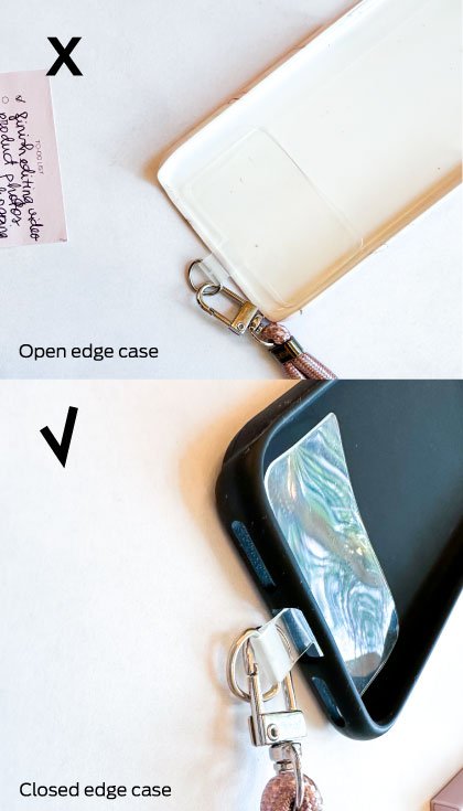 6. SEIK Universal Phone Strap in Midnight, demonstrating correct and incorrect phone case usage