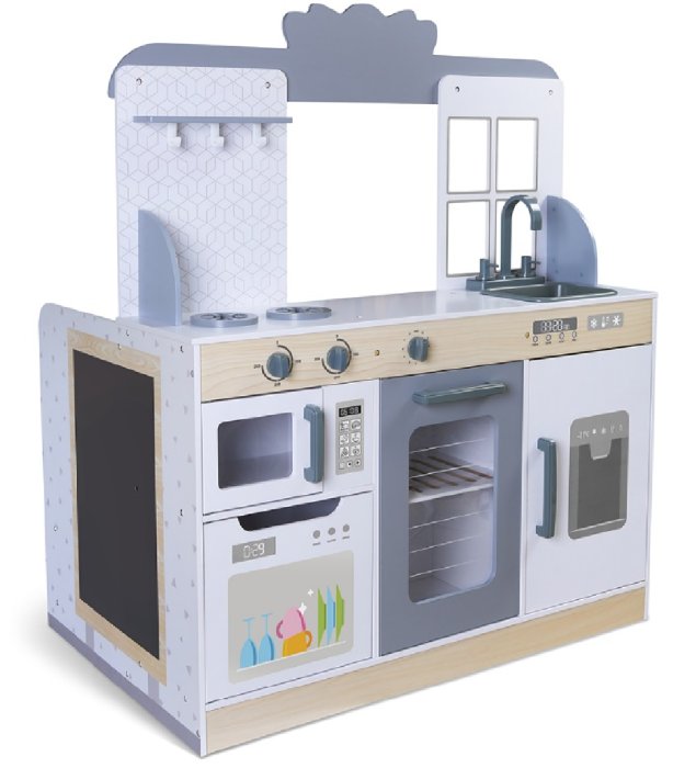 2. Wooden 2in1 diner kitchen side with stove, sink, and microwave in natural wood and white colors