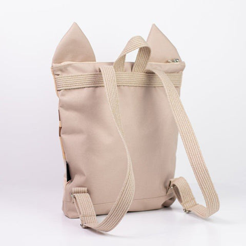 2. Back view of MUNI cat backpack with beige adjustable straps on white background
