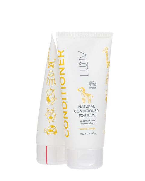 2. LUUV Kid's Conditioner Vanilla COSMOS 200ml tube with playful animal illustrations on white background