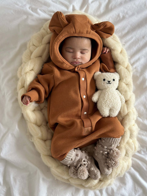 1. Sleeping baby in cinnamon eared jumpsuit with hood, holding teddy bear on knitted blanket