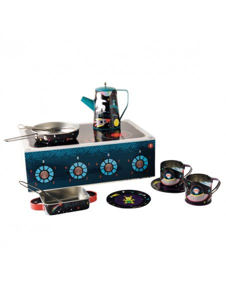2. Space-themed tea set for kids displayed on a metal case, including cups, coffee pot, plates, frying pan, and oven dish