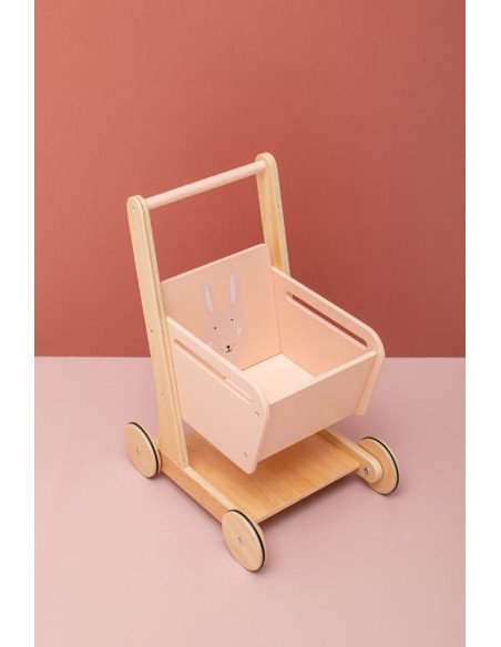 1. Trixie Baby Wooden Shopping Cart with Mrs. Rabbit design on pink background, angled view