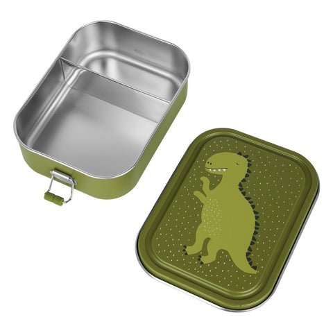 3. Open green lunch box with dinosaur print showing stainless steel interior and divider
