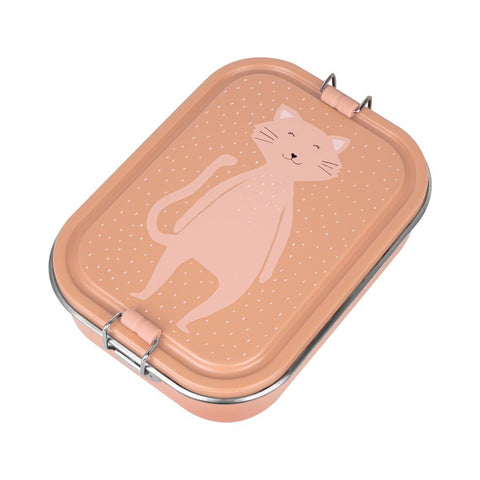 2. Trixie Baby Mrs. Cat large lunch box in peach with cat illustration on lid, stainless steel with silicone buckle