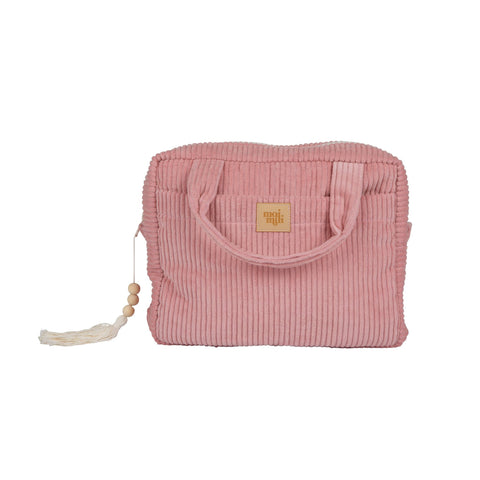 2. Baby pink makeup bag with handles and tassel, featuring Moi Mili logo, on white background