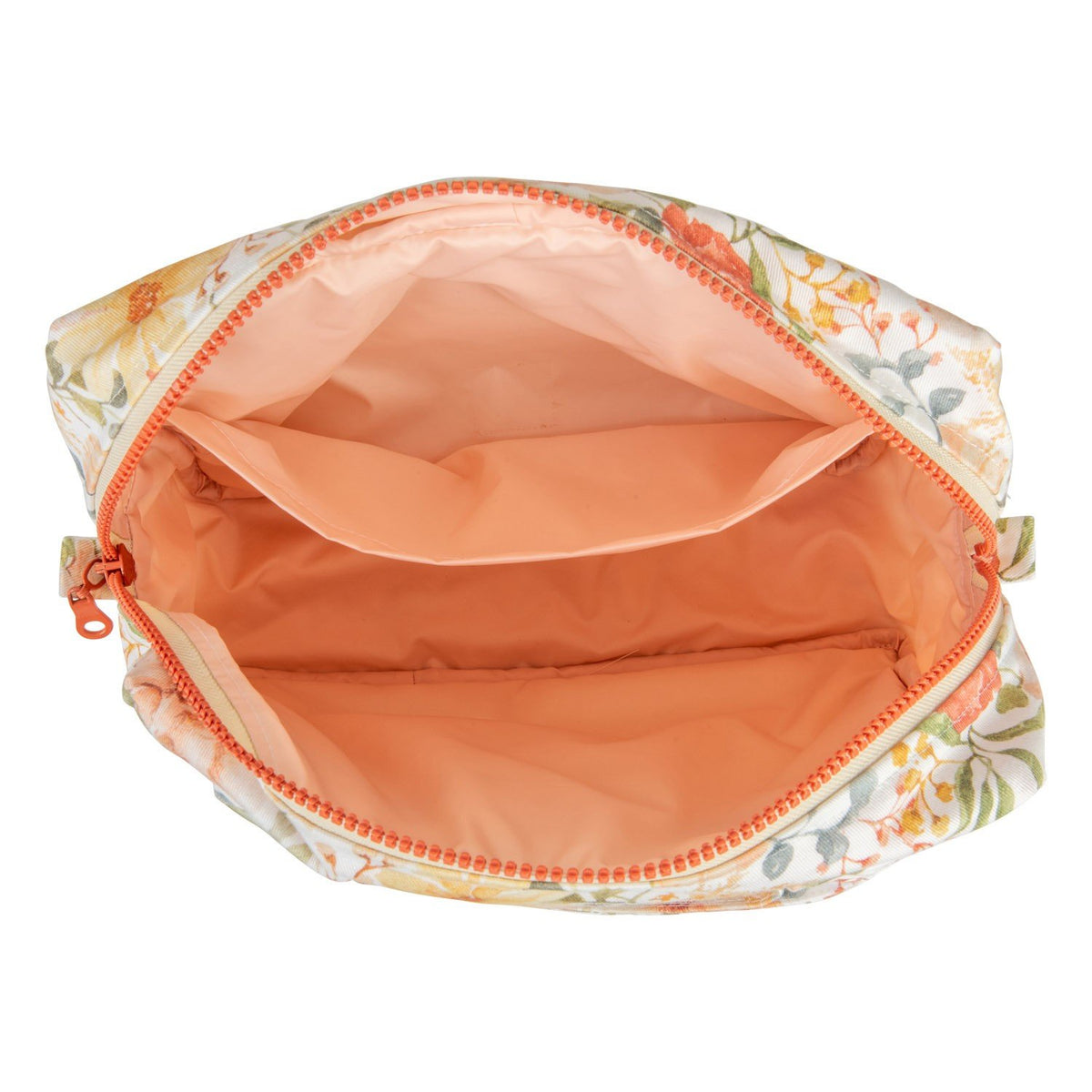 3. Interior view of large floral makeup bag with peach waterproof lining and inner pockets