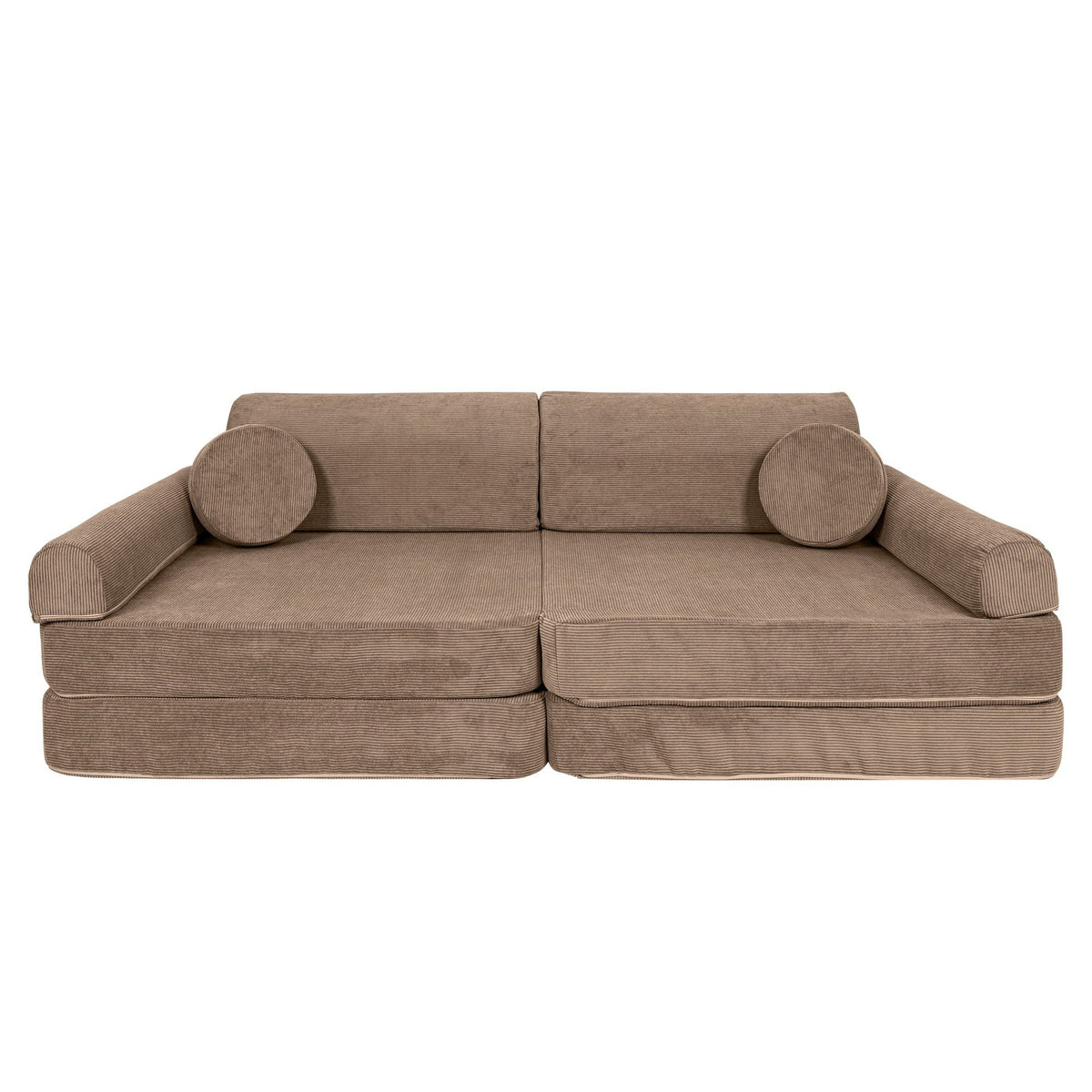 1. Brown modular sofa for kids with round cushions on a white background, showcasing its compact design
