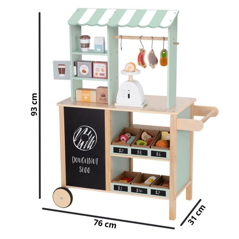 5. Size chart for Woopie Green wooden food truck stand showing dimensions