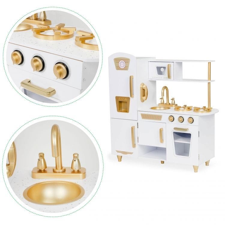 3. Close-up of gold knobs and faucet on Angelove white wooden play kitchen