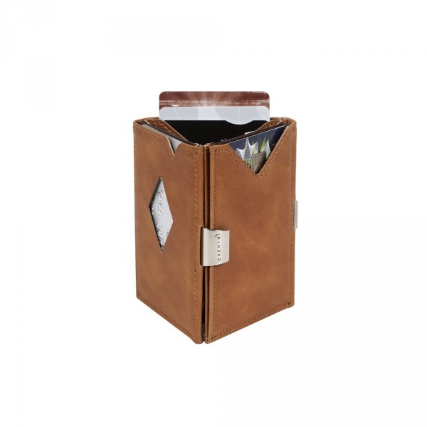 3. Brown leather EXENTRI Multiwallet standing upright with visible card slots and stainless steel lock