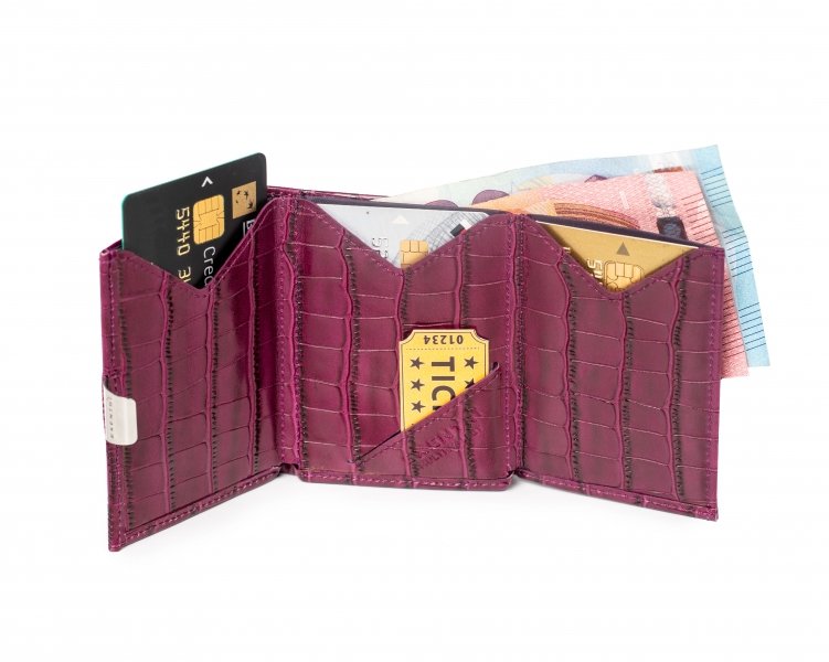 10. Open purple caiman leather EXENTRI Multiwallet showing card slots and compartments with cards and bills