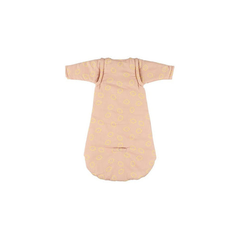1. Back view of Trixie Baby winter-autumn sleeping bag for babies, 70 cm, with detachable sleeves and yellow leaf pattern on pink organic cotton