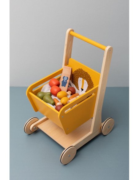 4. Trixie Baby Wooden Shopping Cart filled with toy groceries, featuring Mr. Lion design, on a blue surface