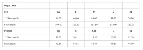 5. Size chart for Fugue Dress showing bust width and back length in centimeters and inches for sizes XS to XL