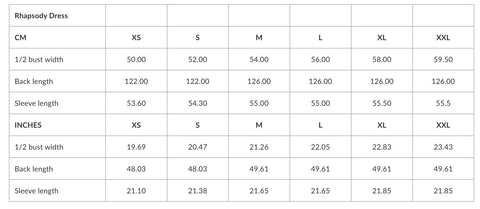 2. Size chart for Rhapsody Dress in centimeters and inches, showing bust width, back length, and sleeve length for sizes XS to XXL