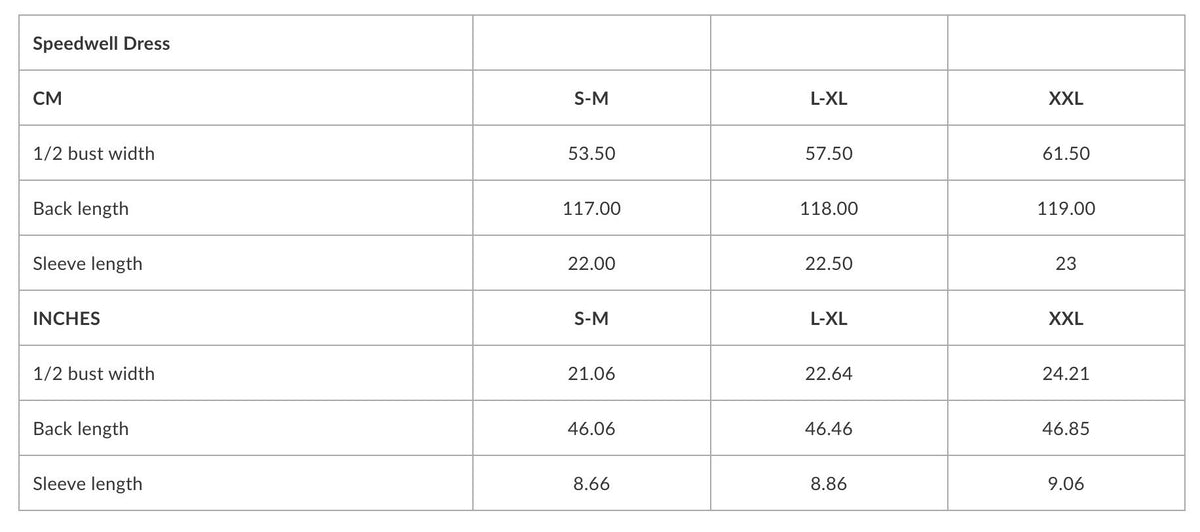 2. Size chart for Speedwell Dress in centimeters and inches, showing bust width, back length, and sleeve length for sizes S-M, L-XL, and XXL
