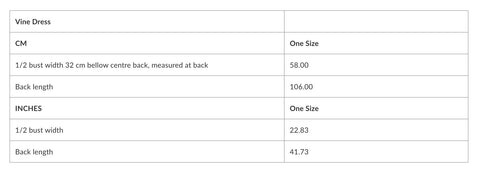 2. Size chart for Vine Dress showing measurements in centimeters and inches for bust width and back length