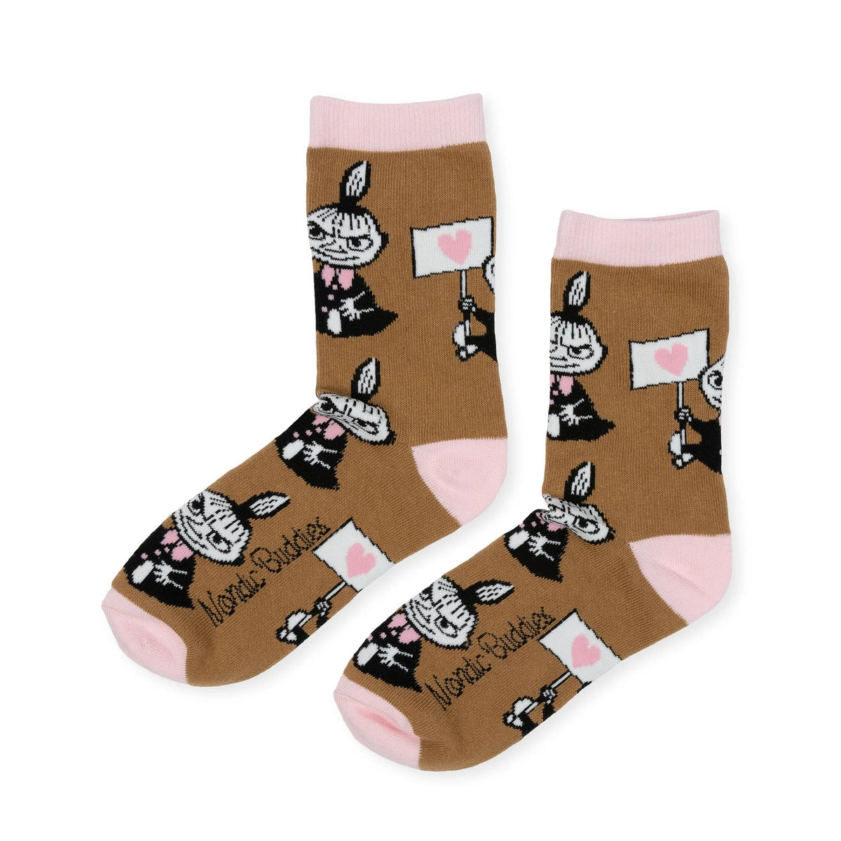 4. Flat lay of brown socks with Little My design and pink hearts, featuring NordicBuddies text