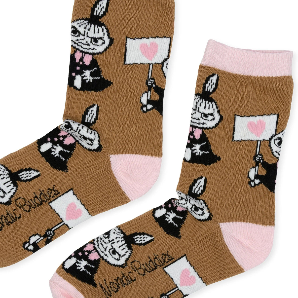 3. Close-up of brown socks with Little My design and pink hearts, showing NordicBuddies text