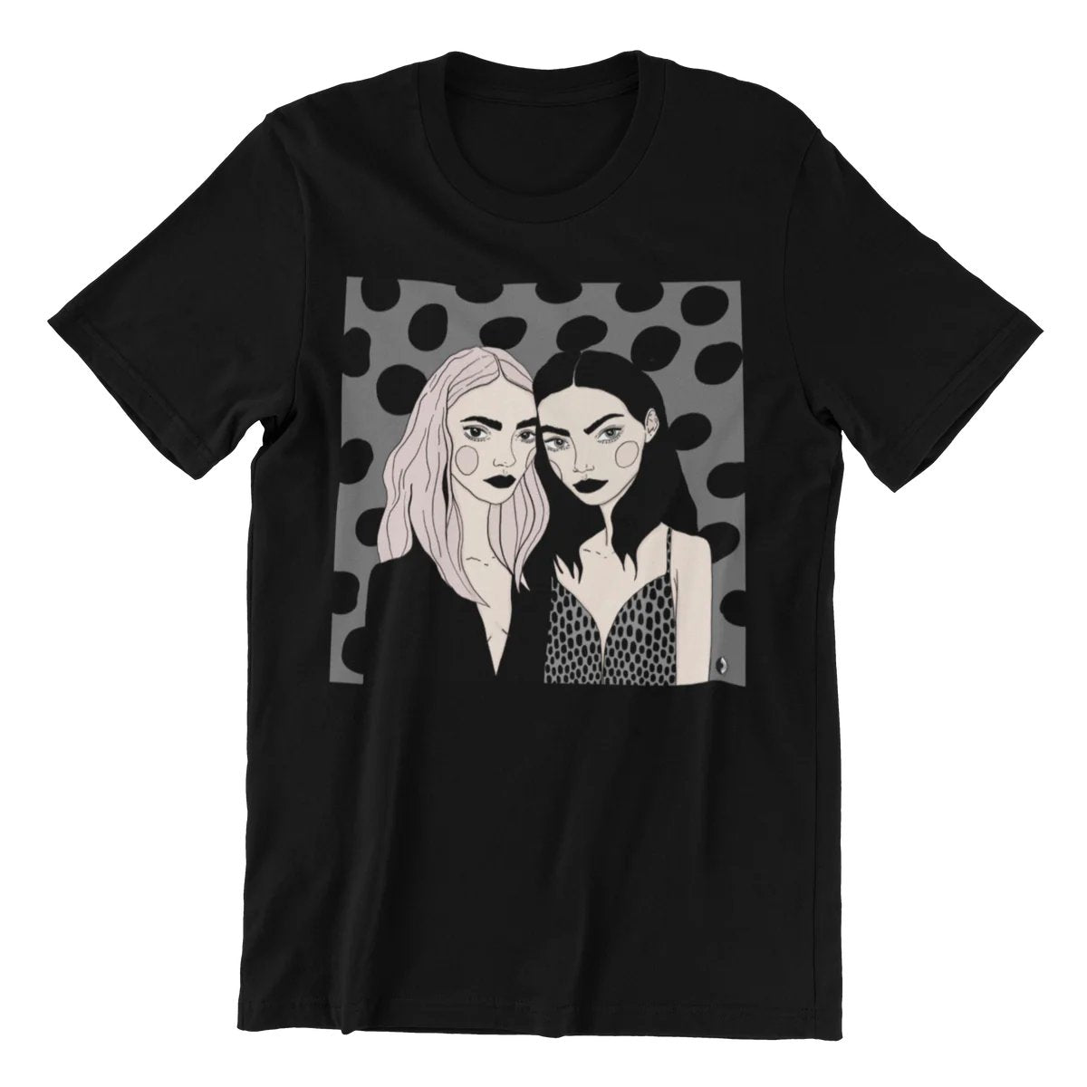 1. Unisex organic cotton t-shirt with illustration by Getter Tiivits, featuring two women on black fabric