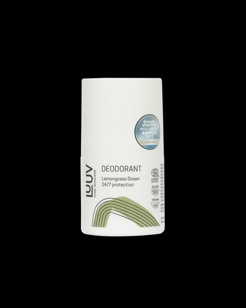 1. LUUV unisex deodorant in lemongrass green, 50ml, with 24/7 protection, shown in studio setting