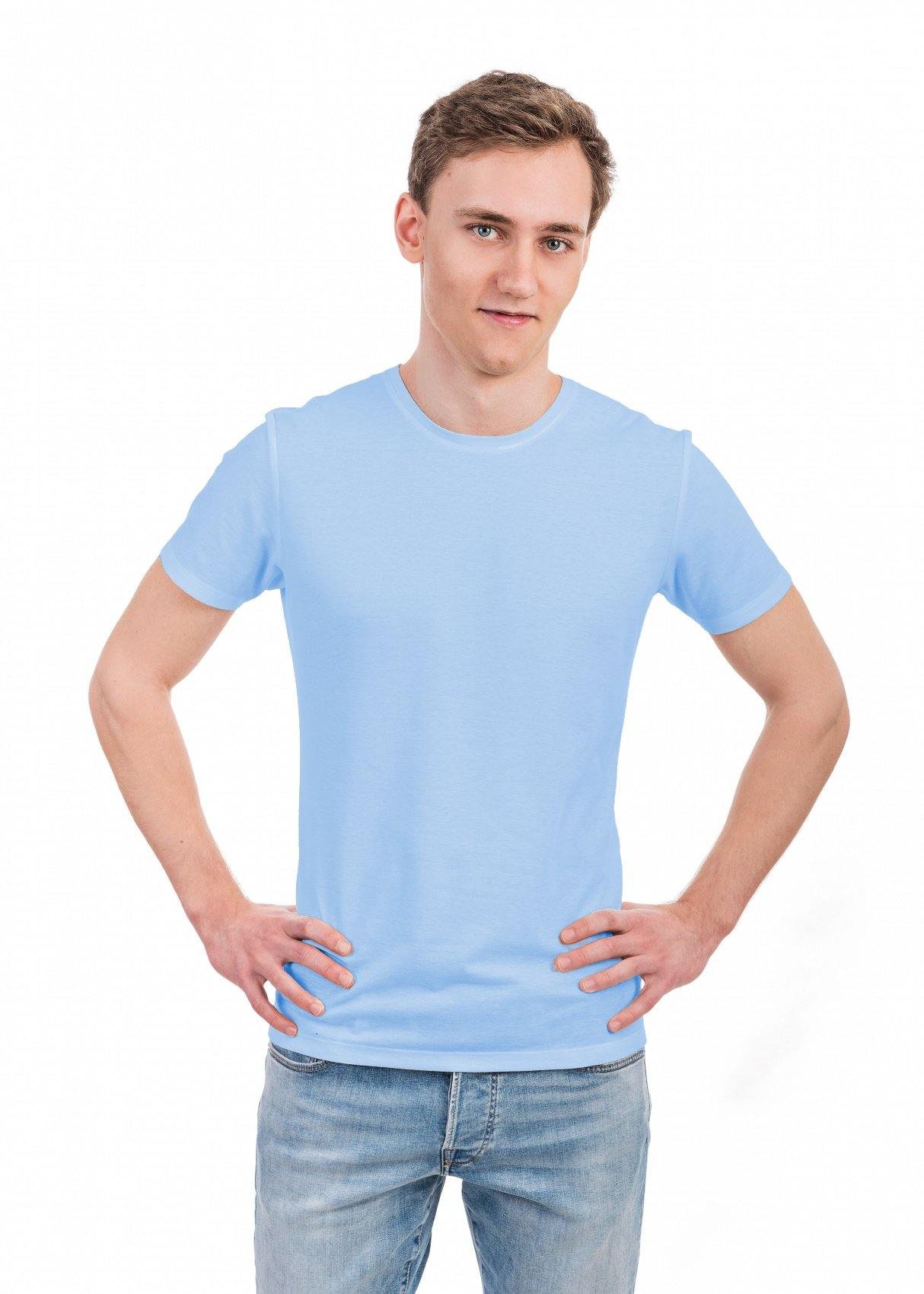 1. Men's light blue tan-through t-shirt by Smarttan, worn by male model in studio setting