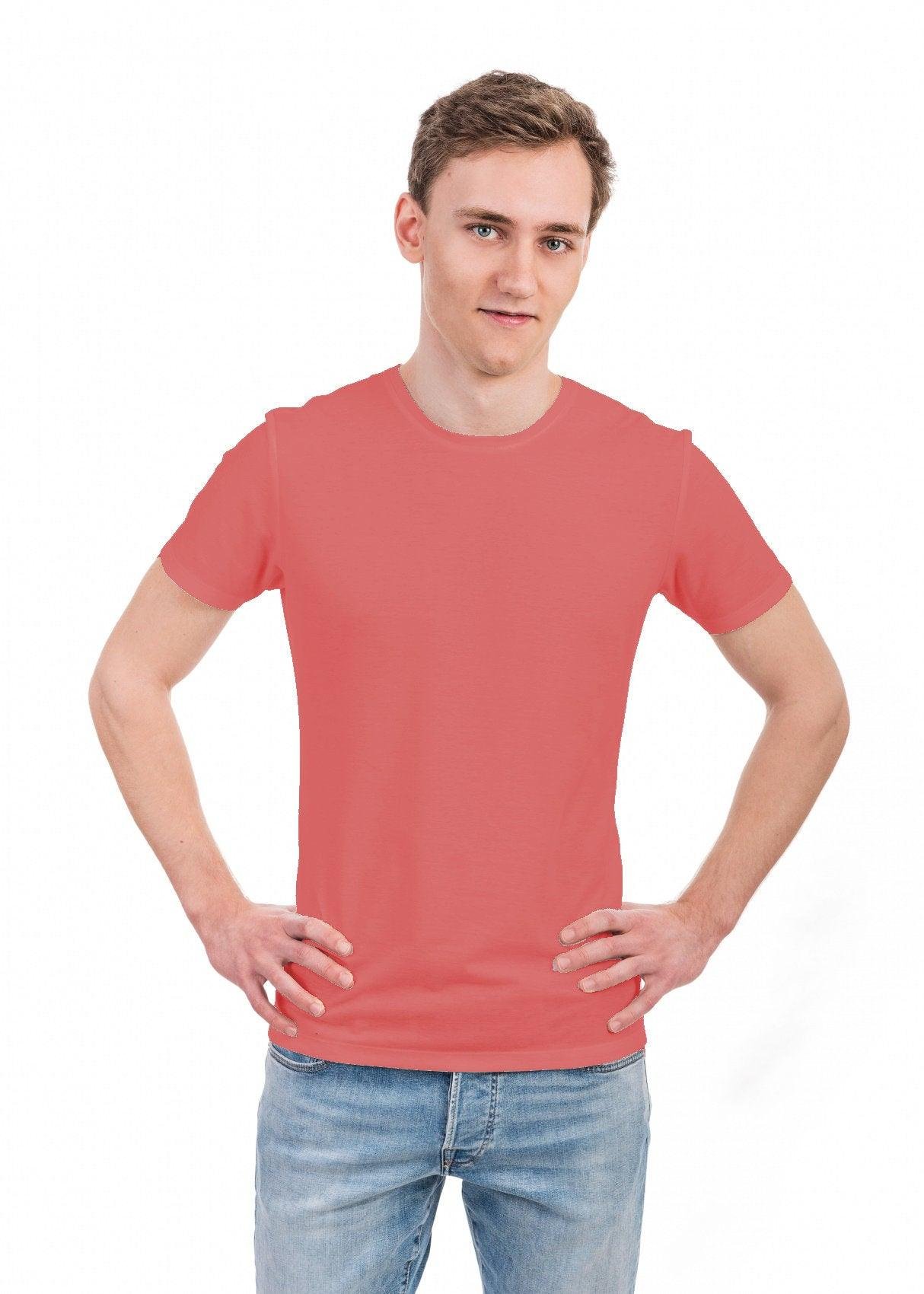1. Men's coral tan-through t-shirt by Smarttan, worn by male model in studio, showcasing breathable fabric and comfortable fit