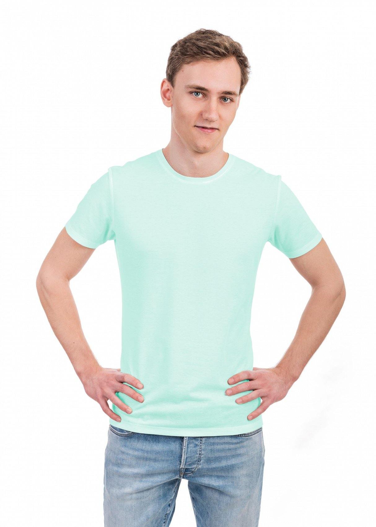 1. Men's mint tan-through t-shirt by Smarttan, worn by male model in studio, showcasing breathable fabric and comfortable fit
