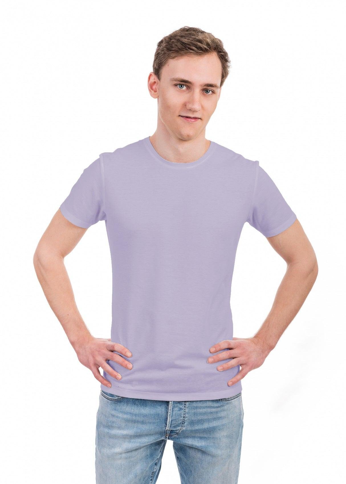 1. Men's lavendel tan-through t-shirt by Smarttan, worn by male model in studio, showcasing breathable design and comfortable fit